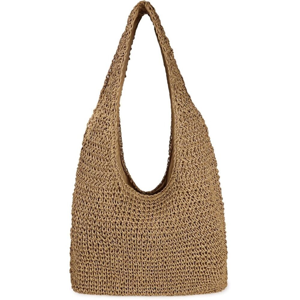 Women's Khaki Large Straw Beach Bag Handmade Woven Shoulder Hobo Tote Handbag